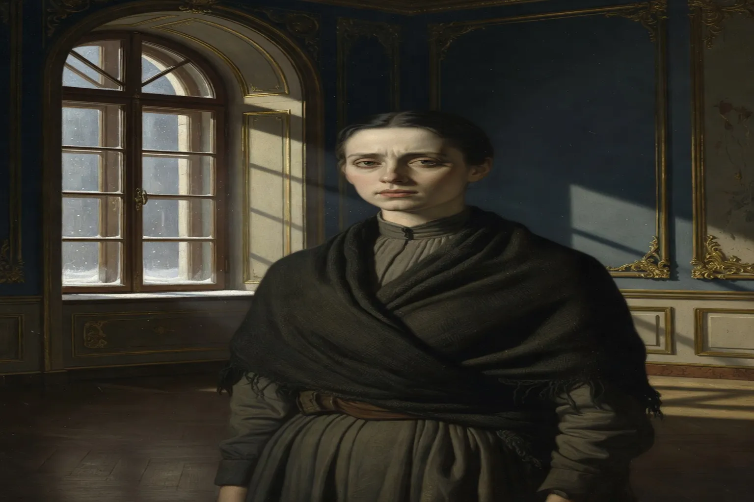 Portrait de femme russe début XXe siècle, châle sombre, intérieur pétersbourgeois — Akhmatova siècle d'or