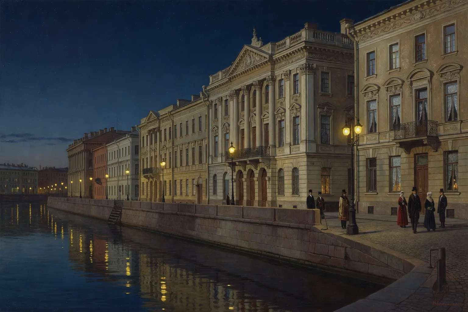 Vue de Saint-Pétersbourg au crépuscule, quai de la Neva, réverbères, atmosphère littéraire — Akhmatova héritage siècle d'or