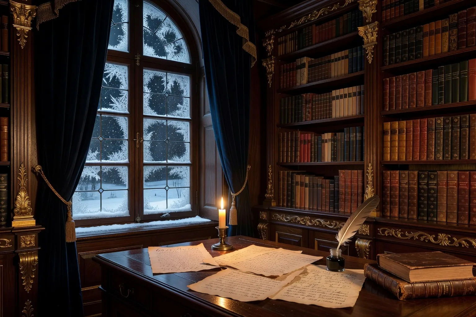 Manuscrits épars, plume et encrier sur un bureau de bois près d'une fenêtre couverte de givre, éclairés par une flamme de bougie