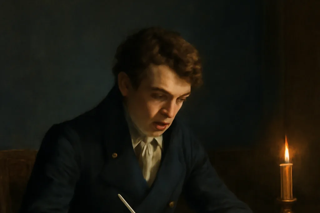 Jeune homme en tenue de gentilhomme russe du début du XIXe siècle, écrivant intensément à un bureau éclairé par une bougie