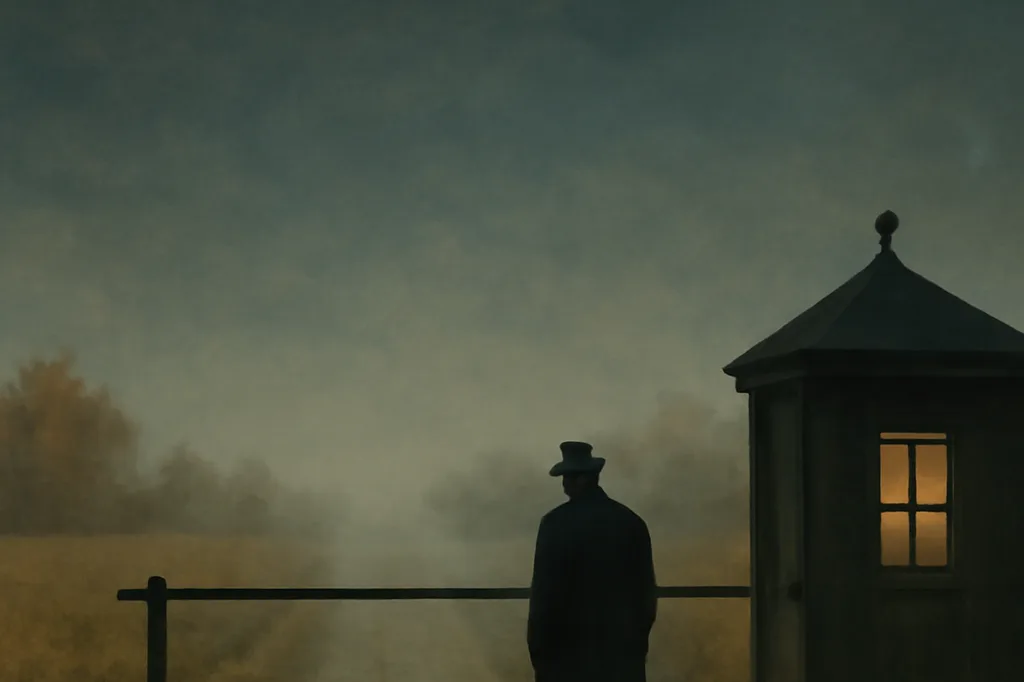 Silhouette d’un homme au chapeau devant une barrière routière et un poste de garde éclairé, dans un paysage rural brumeux d’automne