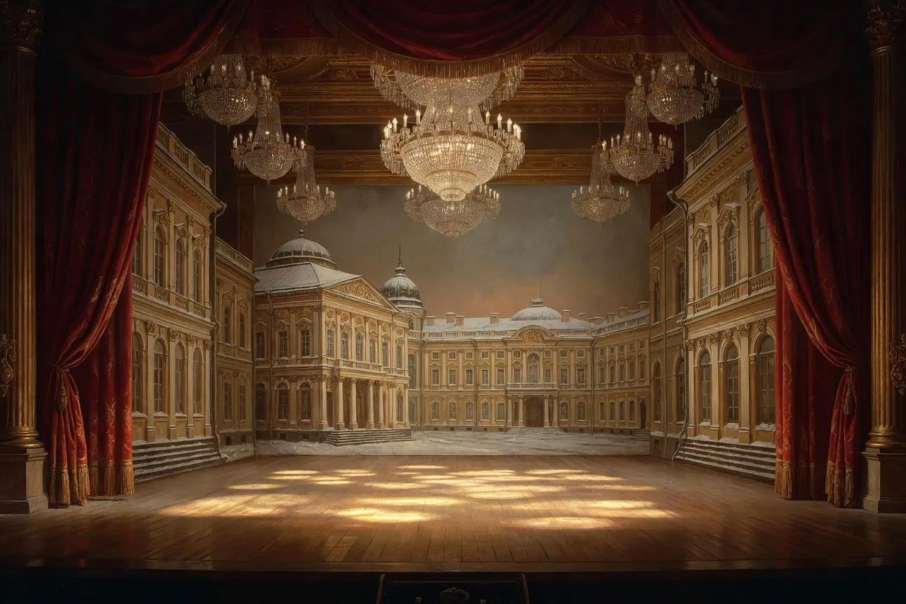 Scène d'opéra Onéguine de Tchaïkovski, décor XIXe stylisé
