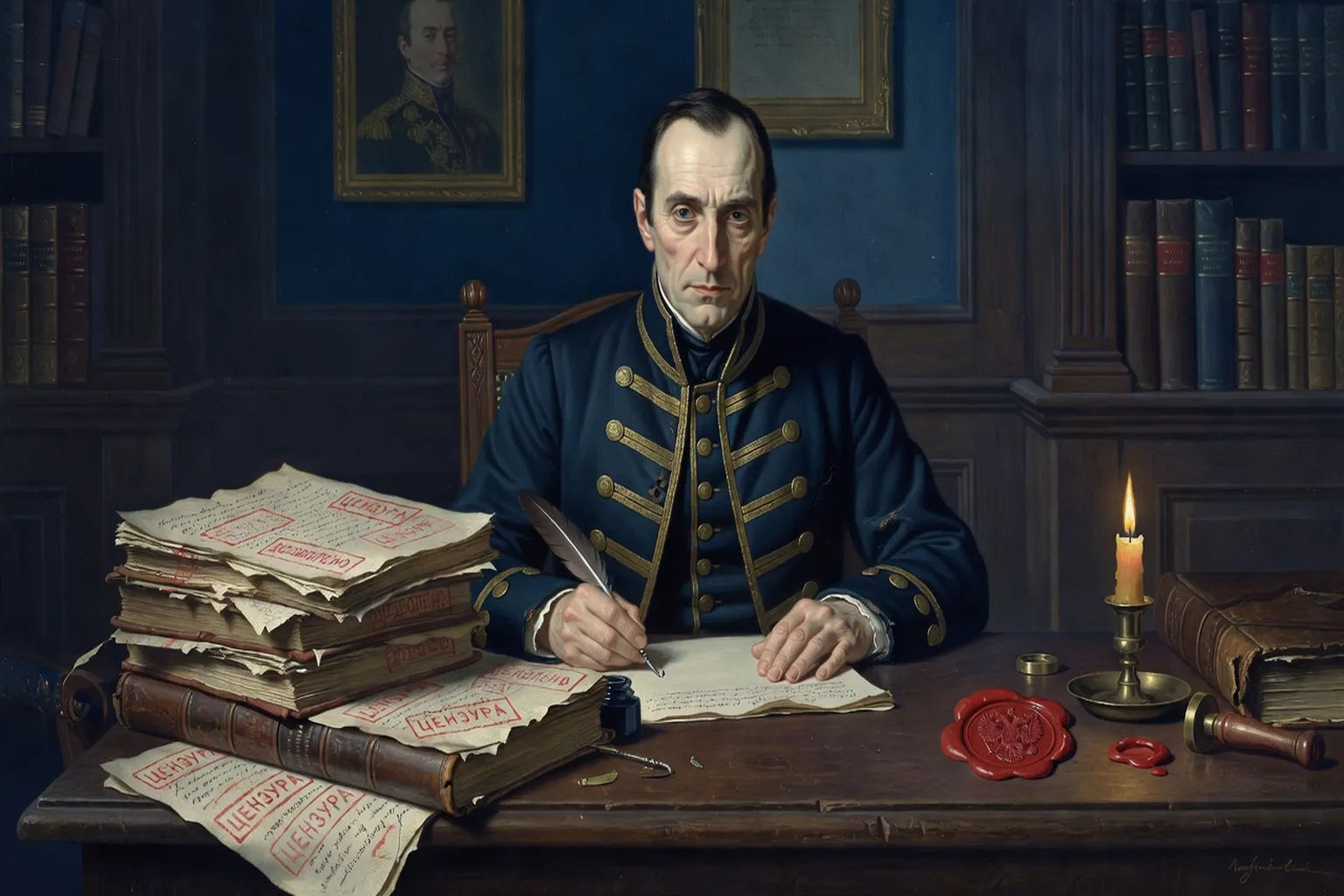 Bureau de censeur impérial russe XIXe siècle, manuscrits tamponnés, cachet de cire — censure Nicolas Ier