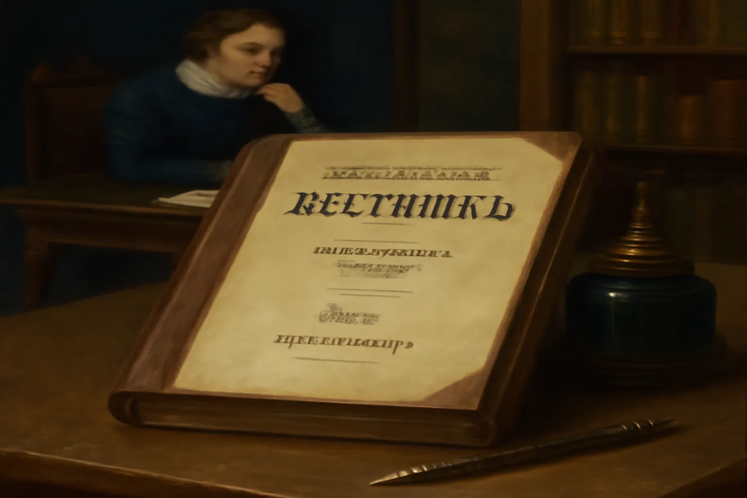 Salon de rédaction d'une revue littéraire russe du XIXe siècle, table couverte de manuscrits et d'épreuves, écrivains en discussion à la lumière d'une lampe — presse littéraire russe sous Nicolas Ier