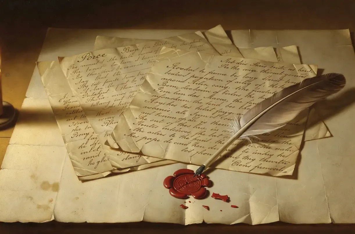 Papier jauni d'une lettre manuscrite du XIXe siècle à l'encre brune, plume et cachet de cire posés à côté