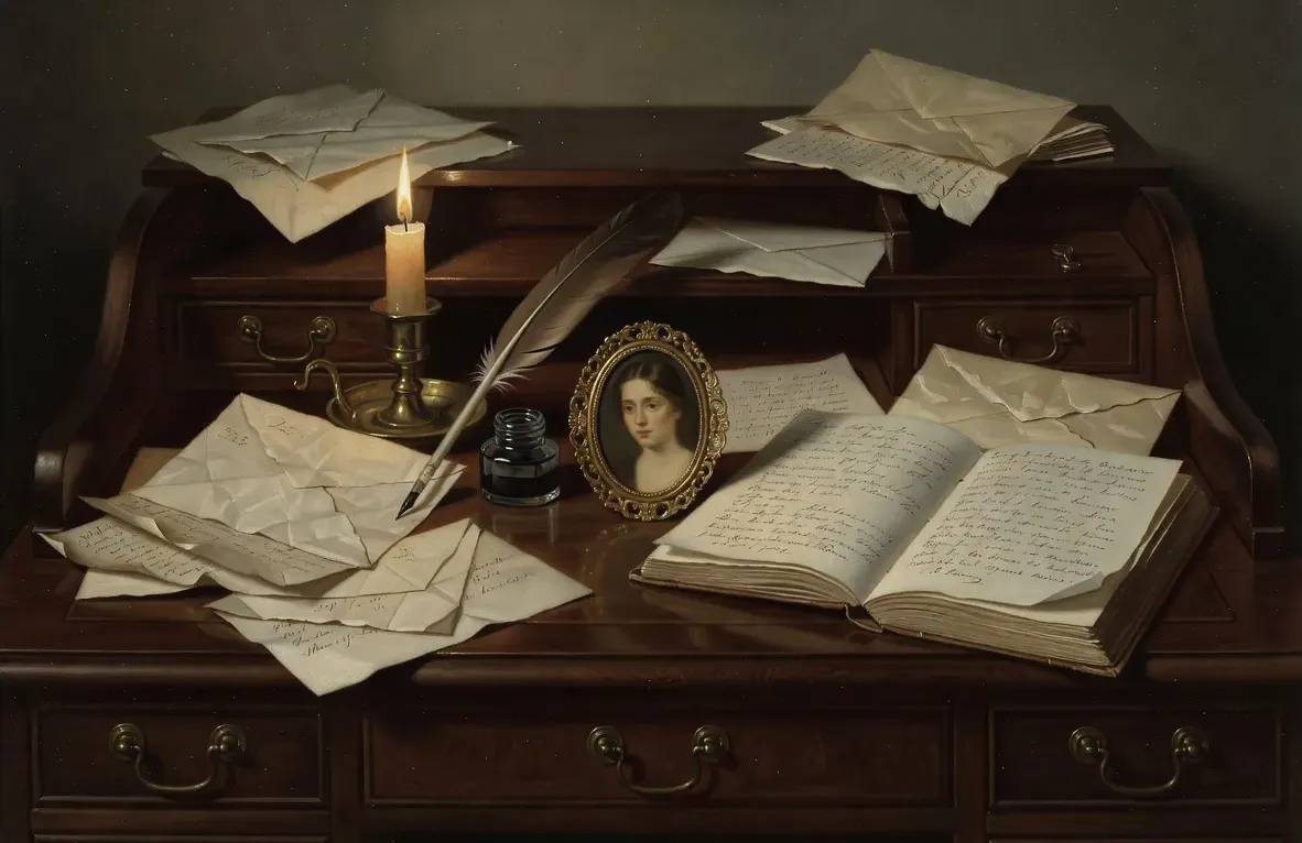 Bureau de bois sombre du début du XIXe siècle avec lettres éparpillées, encrier, bougie et portrait miniature