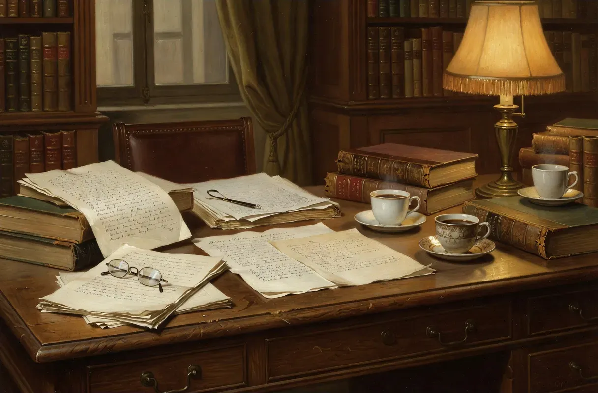 Bureau d'éditeur littéraire avec manuscrits annotés, cafés de traducteurs et dictionnaires bilingues français-russe