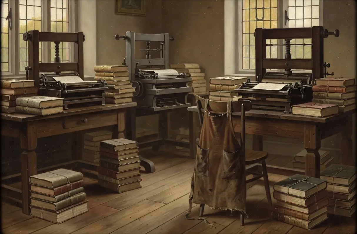 Imprimerie ancienne du XIXe siècle avec presses typographiques et piles de volumes fraîchement imprimés