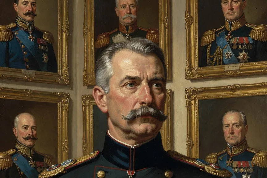 Général de cavalerie russe des années 1890 en uniforme d'apparat devant un mur de portraits d'ancêtres