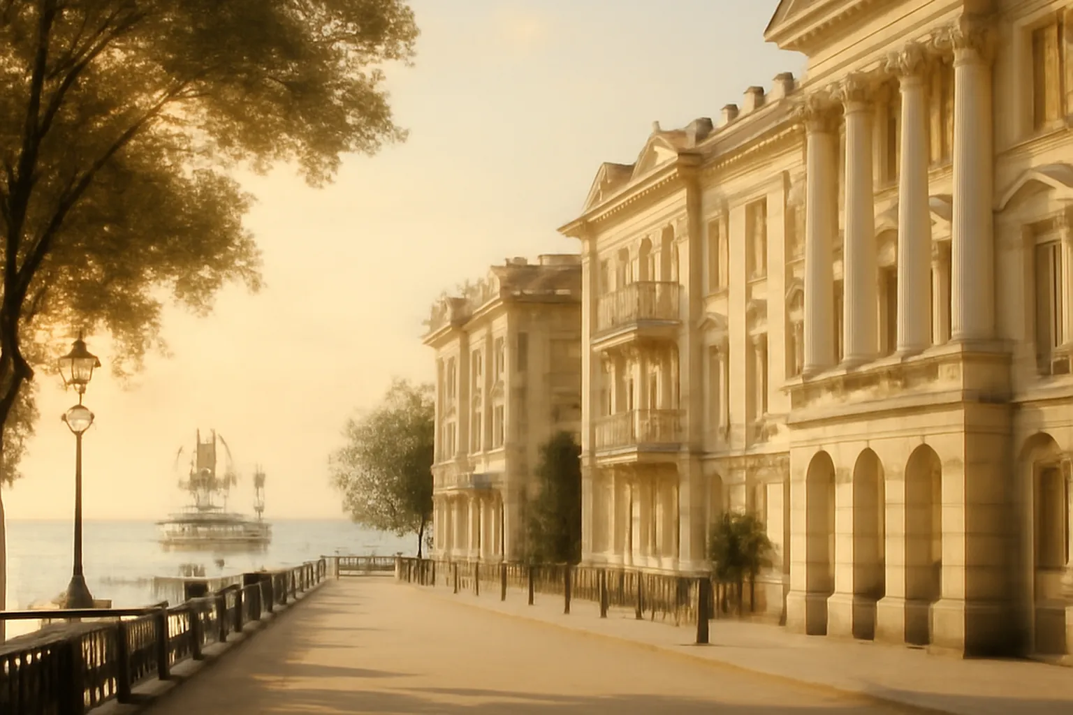 Promenade côtière élégante d'Odessa au XIXe siècle avec bâtiments néoclassiques et voiliers au loin