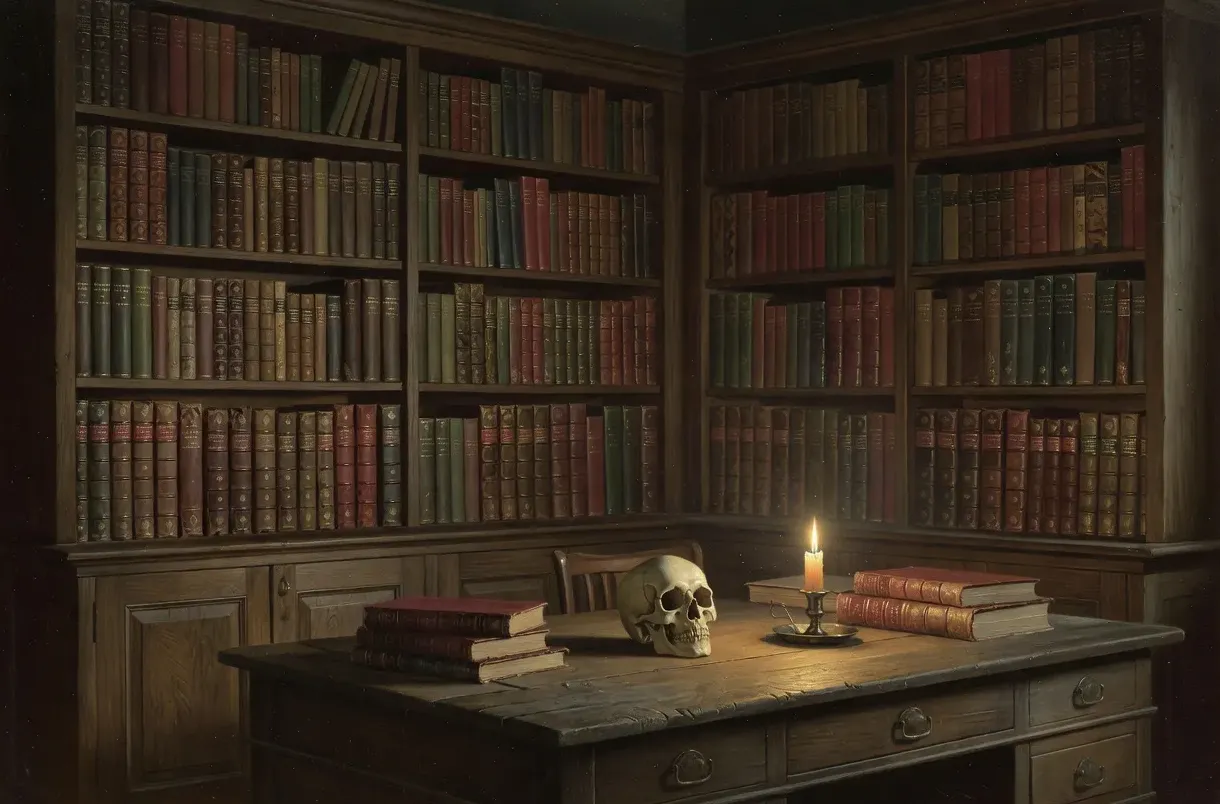 Portrait d'un homme dans un cabinet d'études sombre du XIXe siècle, étagères de livres anciens et bougie, ambiance mystérieuse