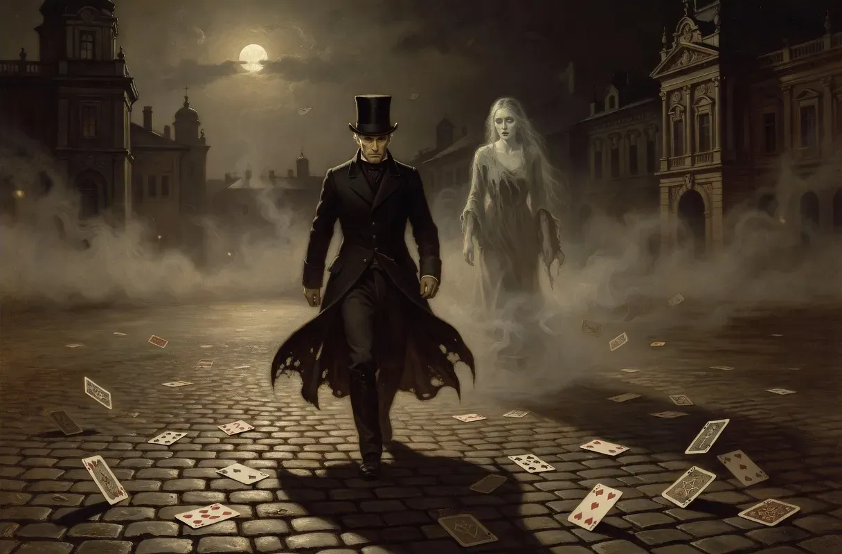 Scène fantastique peinte dans le style des illustrateurs russes du XIXe siècle, personnage en manteau sur une place brumeuse au clair de lune