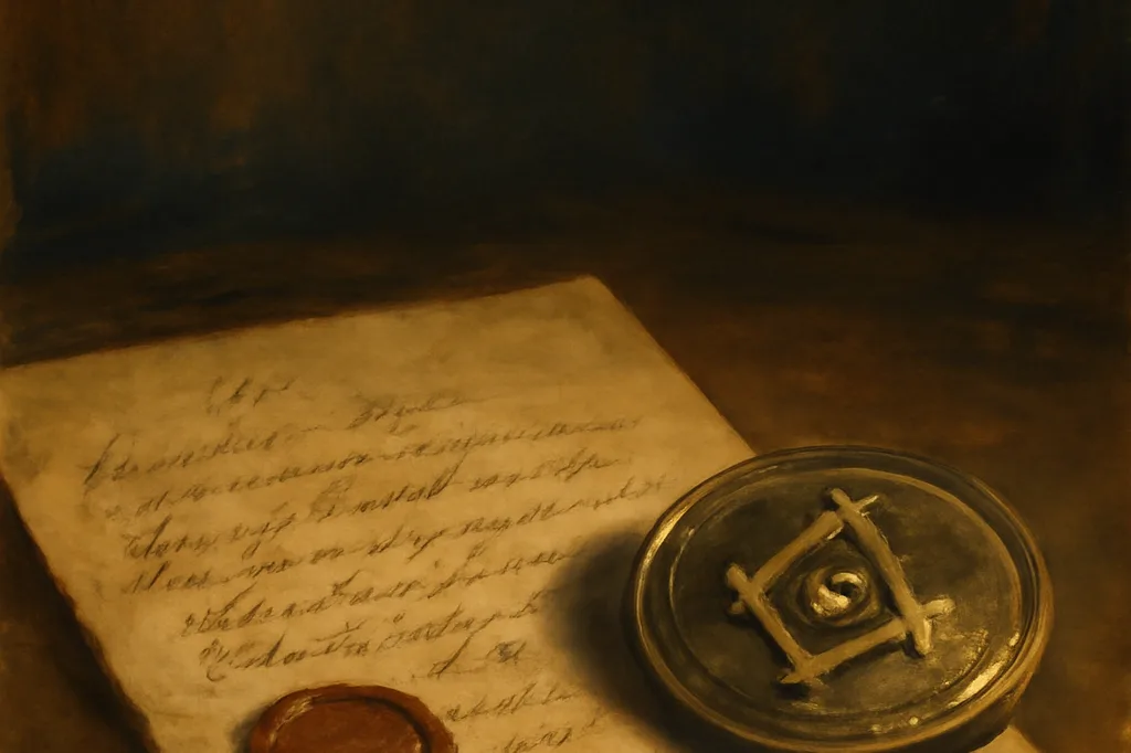 Document scellé de cire rouge à côté d’un médaillon gravé de l’équerre et du compas maçonniques