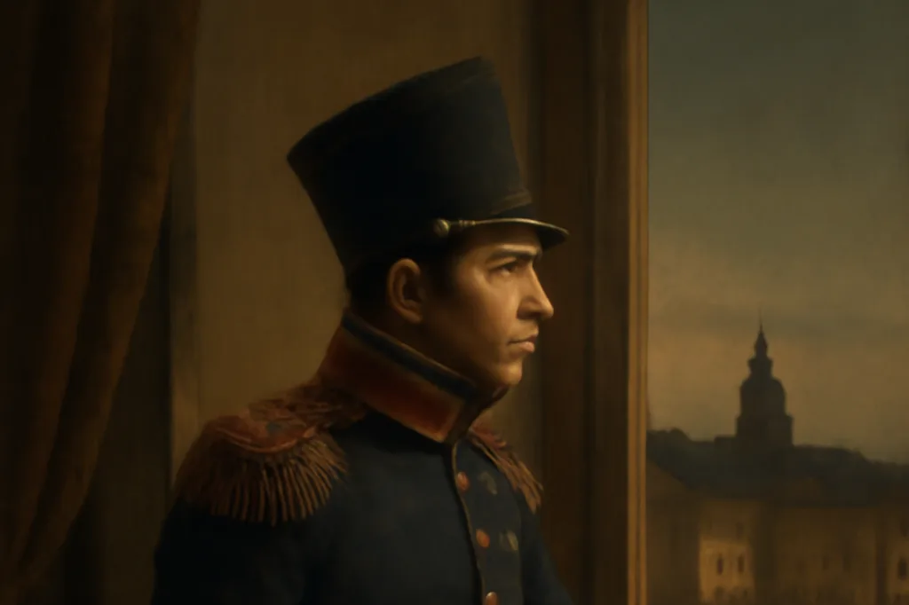 Officier de garnison russe en uniforme du début du XIXe siècle regardant par une fenêtre une ville de province
