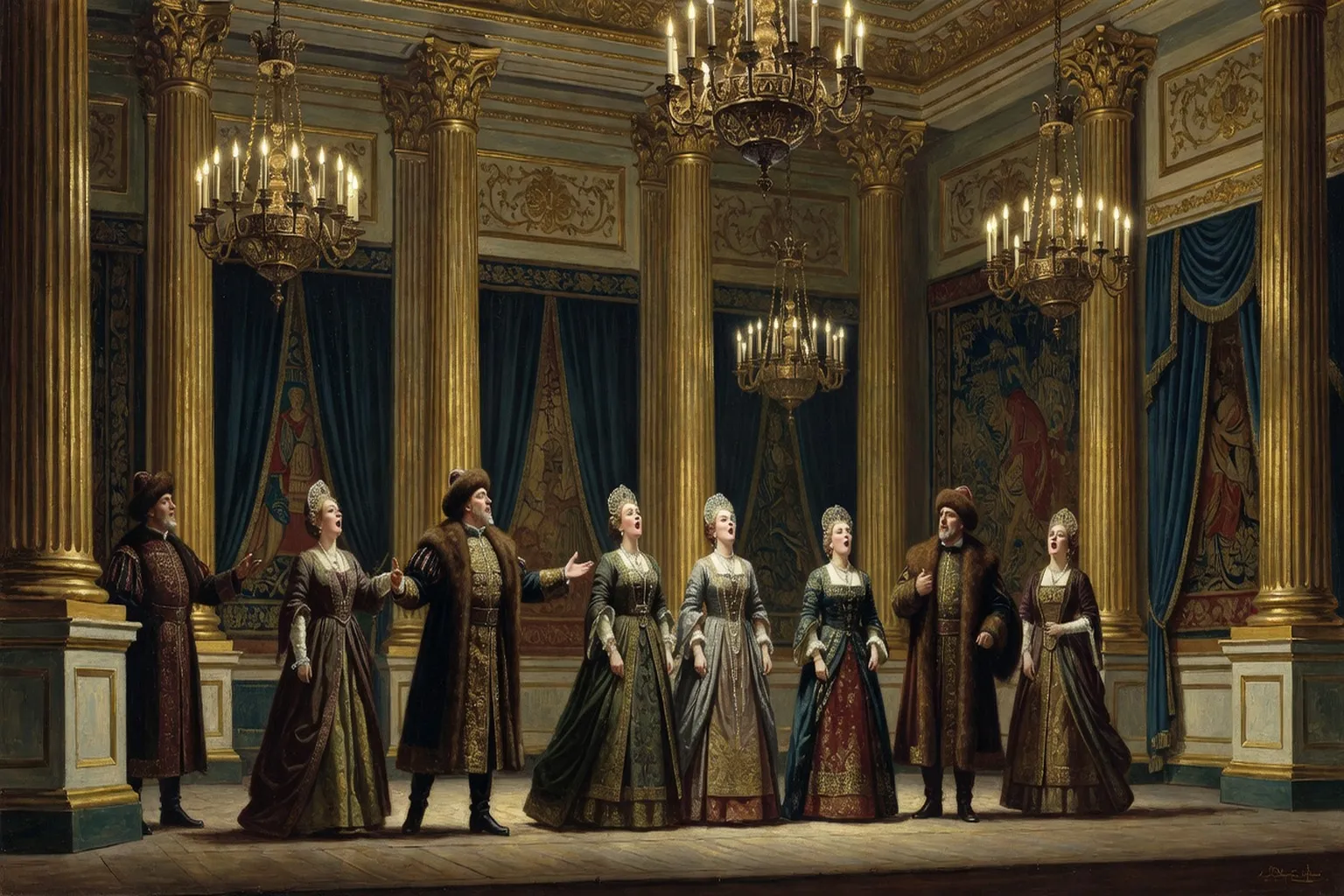 Scène d'opéra russe XIXe siècle, décor de palais avec colonnes dorées et costumes de boyards, chanteurs sur scène sous des lustres à bougies, ambiance théâtre impérial de Saint-Pétersbourg