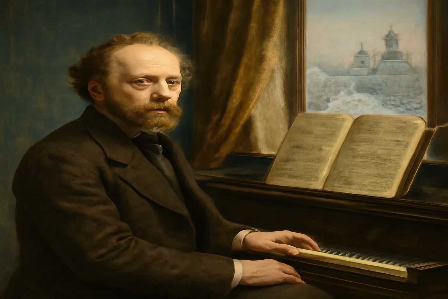 Portrait d'un compositeur russe du XIXe siècle au piano, partition manuscrite ouverte, fenêtre donnant sur un paysage hivernal russe, lumière douce d'après-midi, style peinture de studio