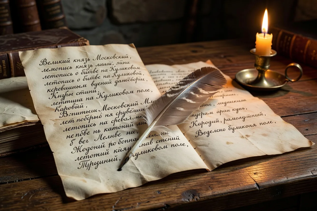 Manuscrit russe manuscrit a la plume sous eclairage de bougie