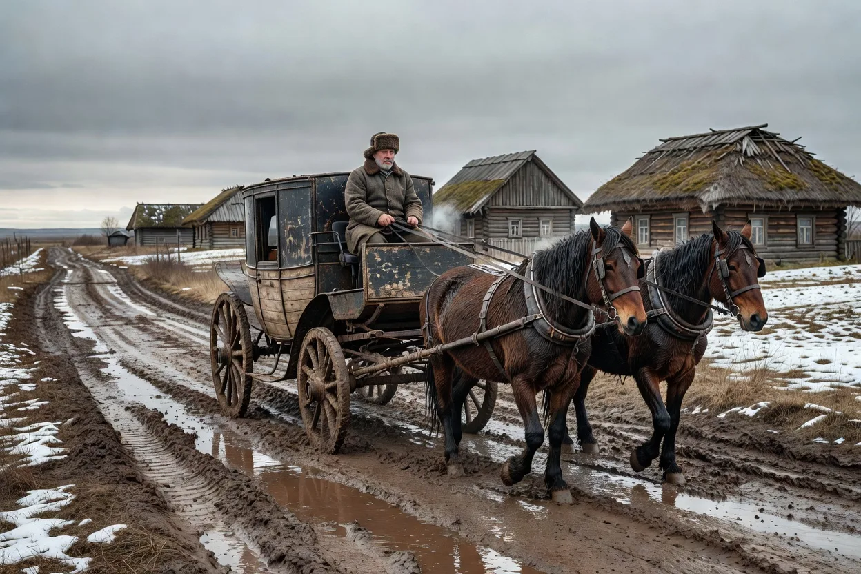Caleche ancienne sur une route de campagne russe boueuse