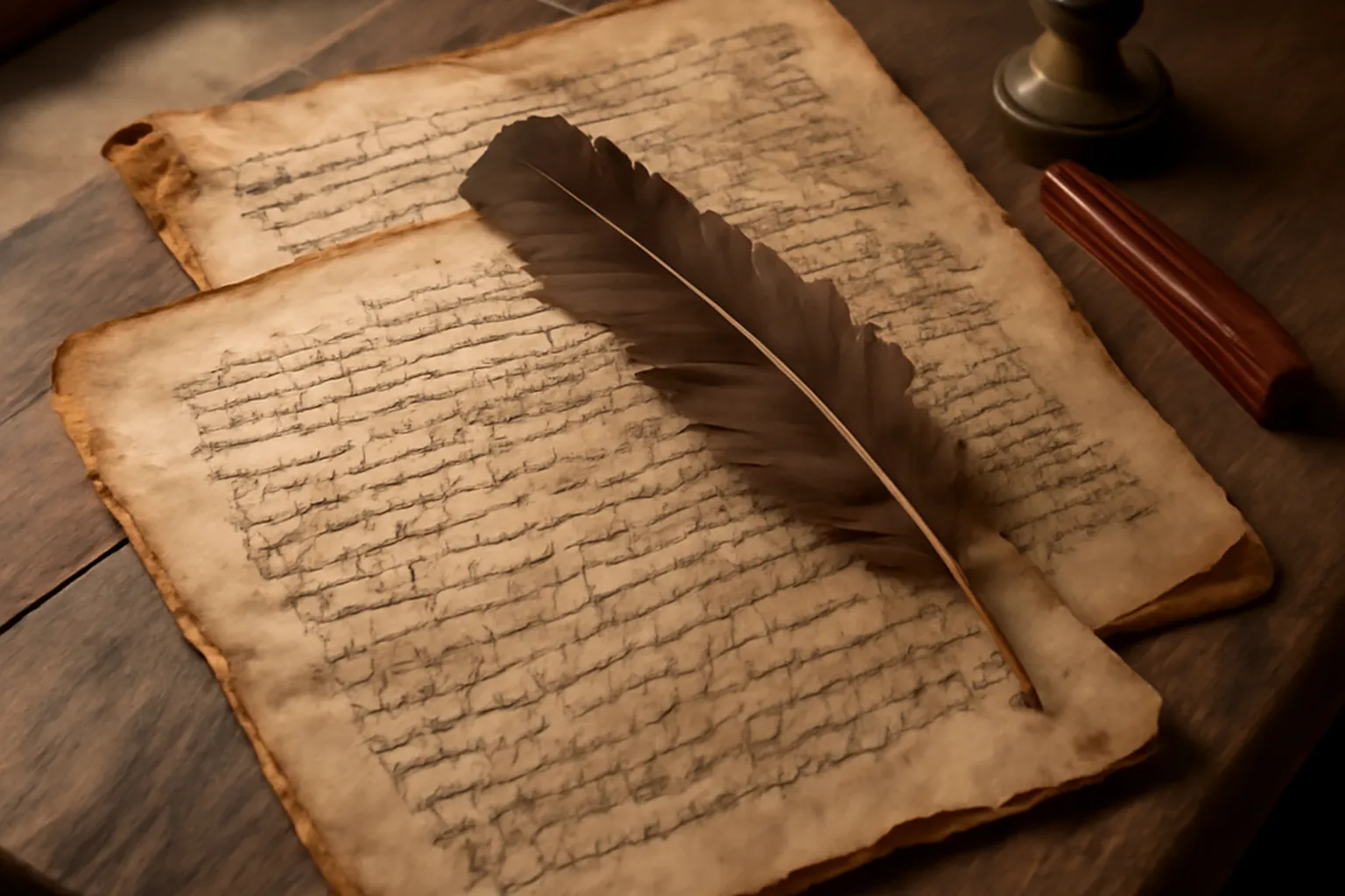 Manuscrit ancien avec texte manuscrit en cyrillique sur un bureau en bois