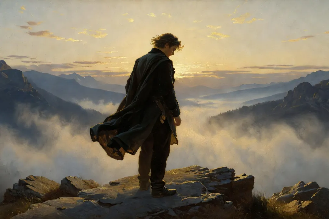 Jeune homme romantique en manteau à cape sombre debout sur un promontoire rocheux au-dessus d'une vallée du Caucase noyée de brume à l'aube
