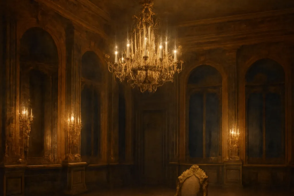 Salle de bal déserte d'un palais de Saint-Pétersbourg éclairée aux bougies, lustre allumé et fauteuil abandonné