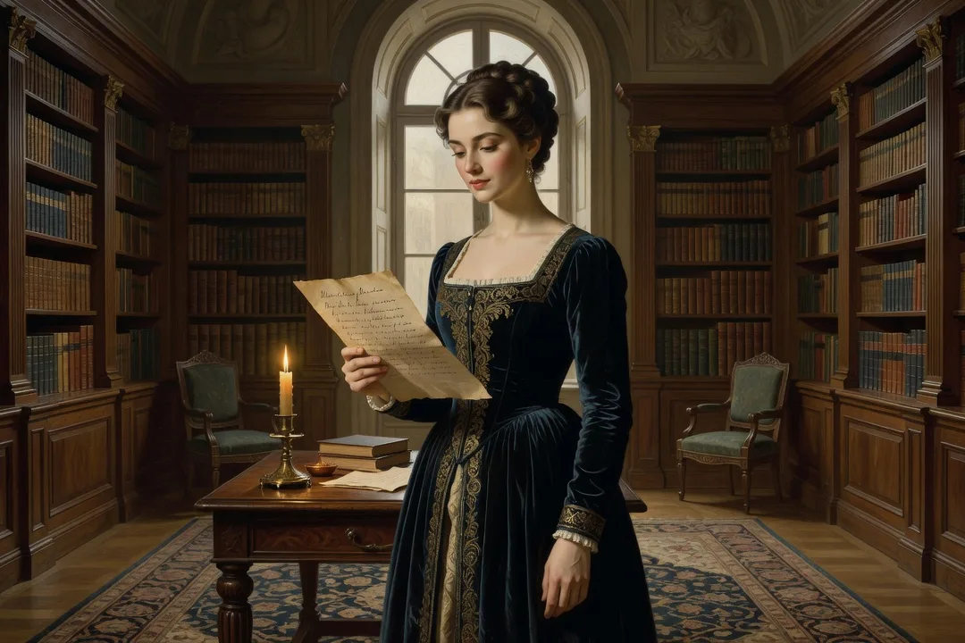 Jeune femme en robe de cour du début du XIXe siècle lisant une lettre manuscrite à la lueur d’une bougie dans une bibliothèque