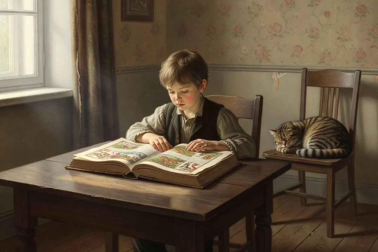 Enfant lisant un livre illustré à une table près d'une fenêtre, lumière douce d'après-midi, ambiance de salon russe du XIXe siècle