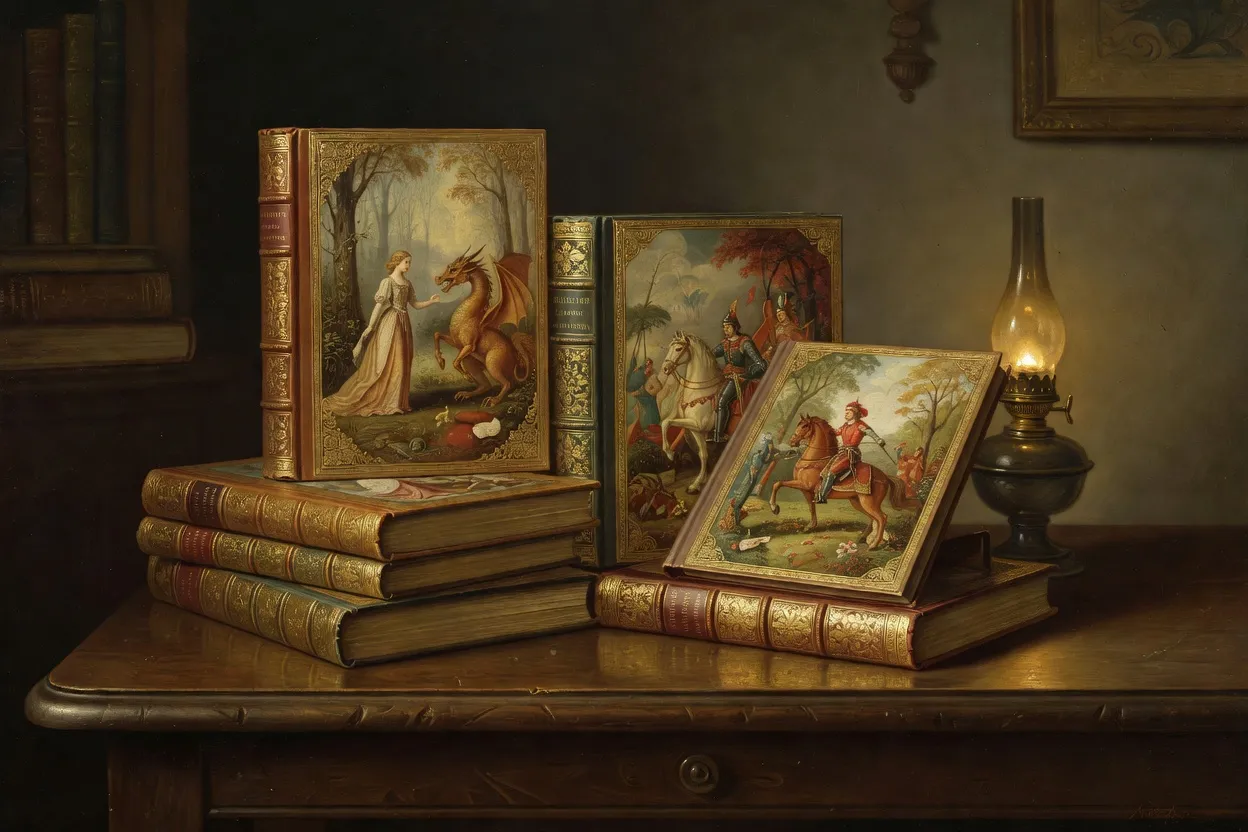 Livres anciens reliés aux couvertures ornées posés sur une table en bois, avec des illustrations de contes visibles