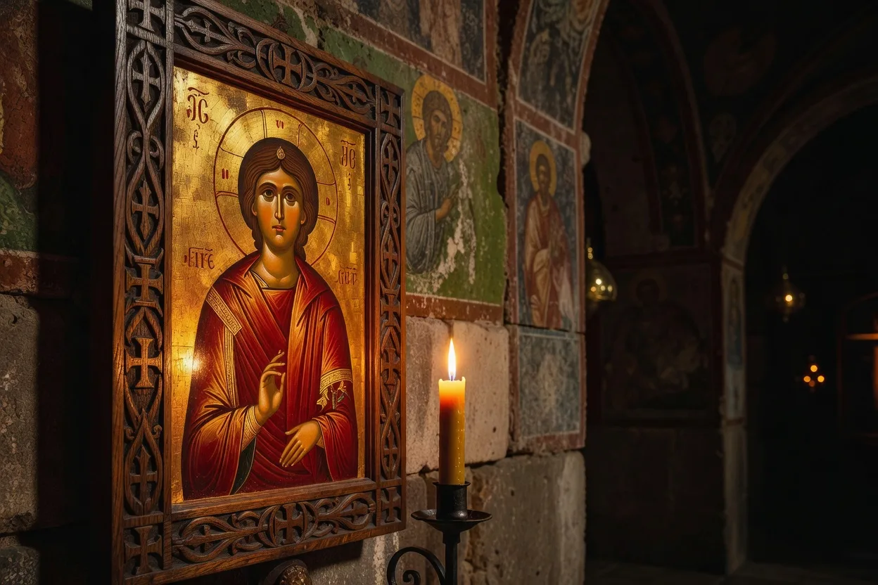 Icone orthodoxe et bougie dans un interieur de monastere sombre