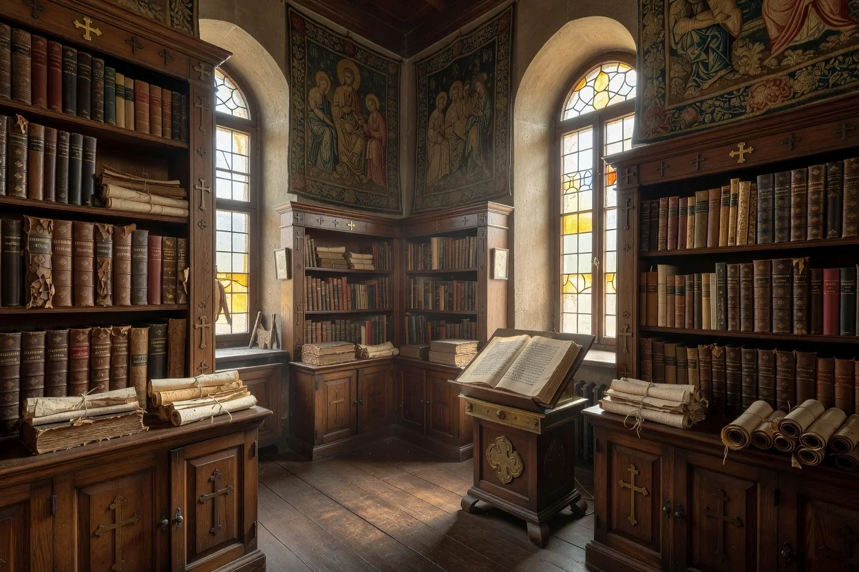 Interieur d'une bibliotheque de monastere russe ancien avec manuscrits