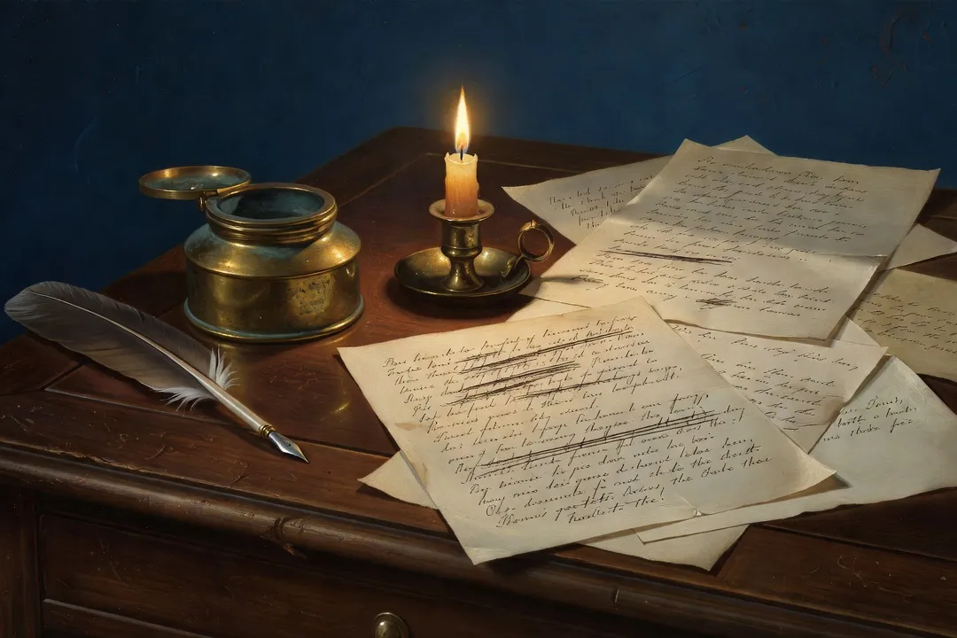 Bureau d'écrivain russe du début du XIXe siècle éclairé par une bougie, plume, encrier et feuillets manuscrits couverts de ratures