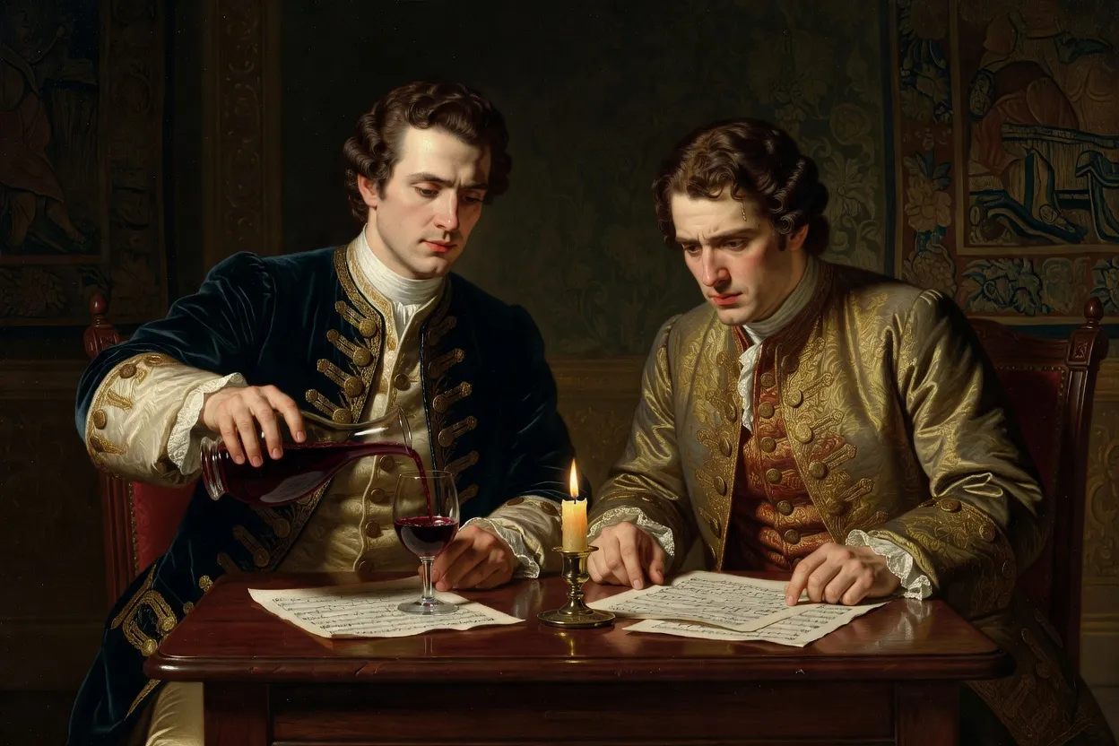 Deux hommes en habit du XVIIIe siècle attablés dans une salle sombre, l'un versant du vin, l'autre penché sur des partitions