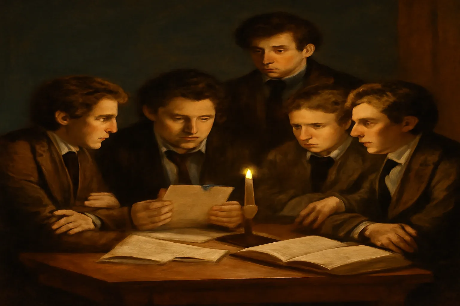 Groupe de jeunes poètes russes du début du XIXe siècle réunis autour d'une table, lecture de vers à la bougie, ambiance de cercle littéraire pétersbourgeois — Pléiade pouchkinienne
