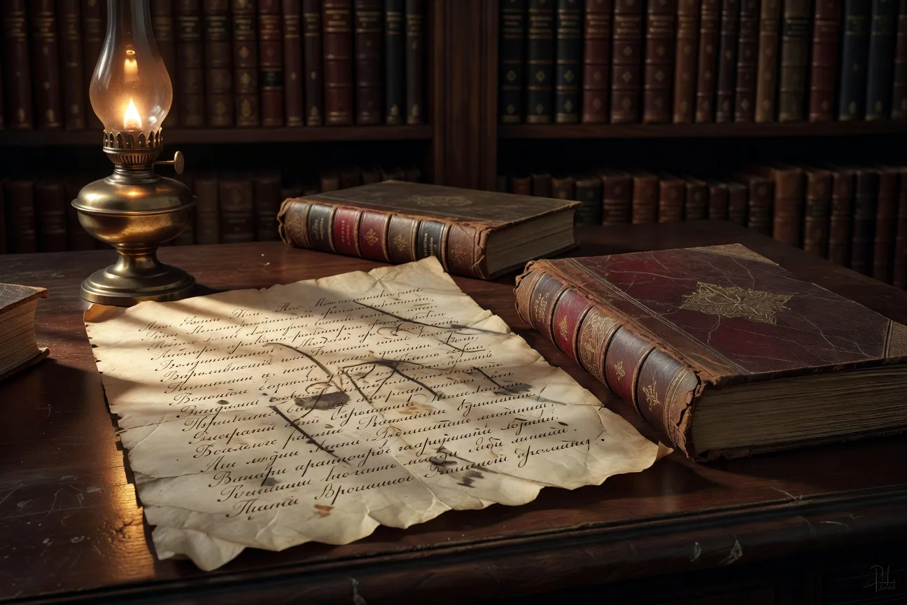 Manuscrit annoté de Pouchkine sur une table de bibliothèque XIXe