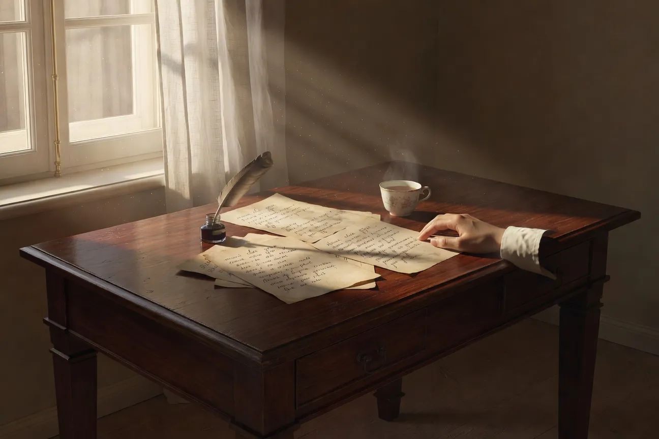 Poète à sa table d'écriture, lumière de fenêtre matinale