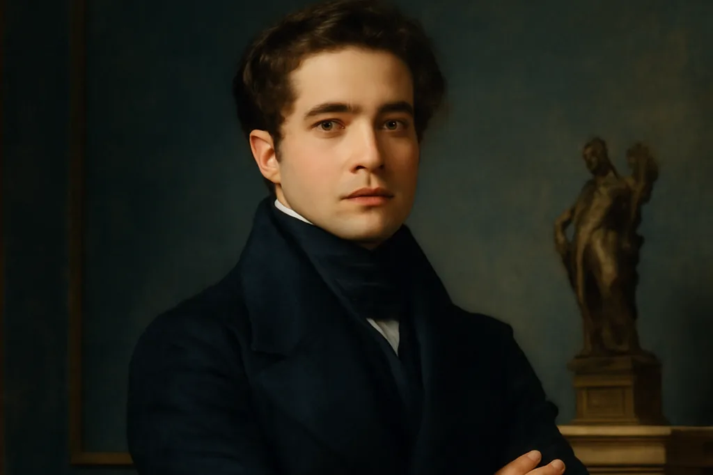 Jeune homme peint en buste, redingote sombre, exposé sur un chevalet dans un atelier de peinture du XIXe siècle