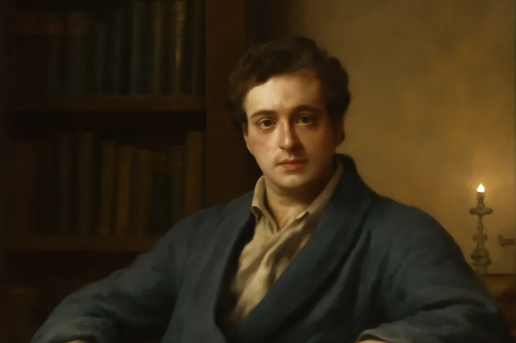 Portrait intime d’un jeune homme en robe de chambre sombre, col ouvert, assis dans un cabinet de lecture éclairé à la bougie