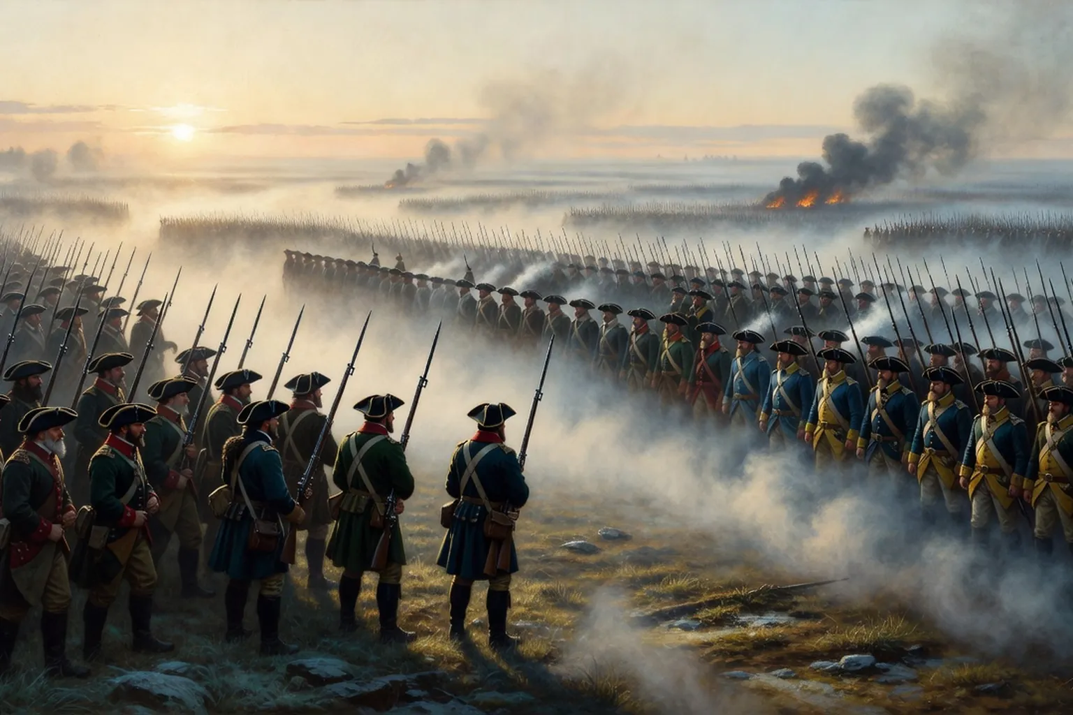 Reconstitution d'une scène de bataille historique du XVIIIe siècle, formations militaires russes et suédoises sur un champ brumeux à l'aube