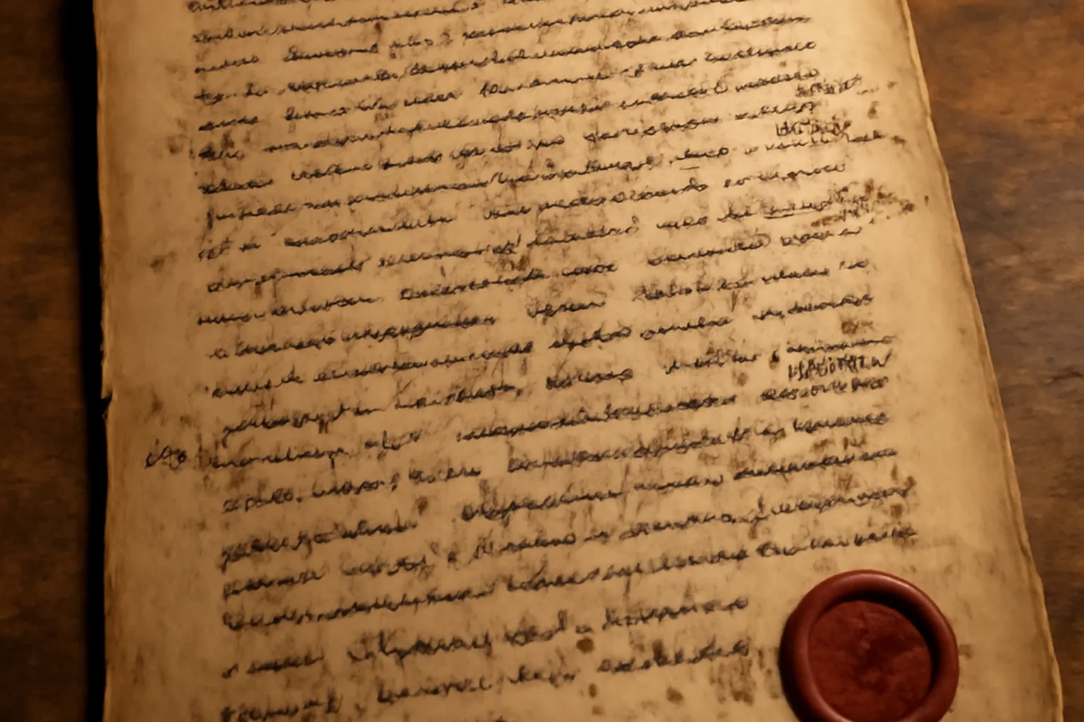Manuscrit historique ancien en cyrillique avec corrections manuscrites, papier vieilli, cachet de cire