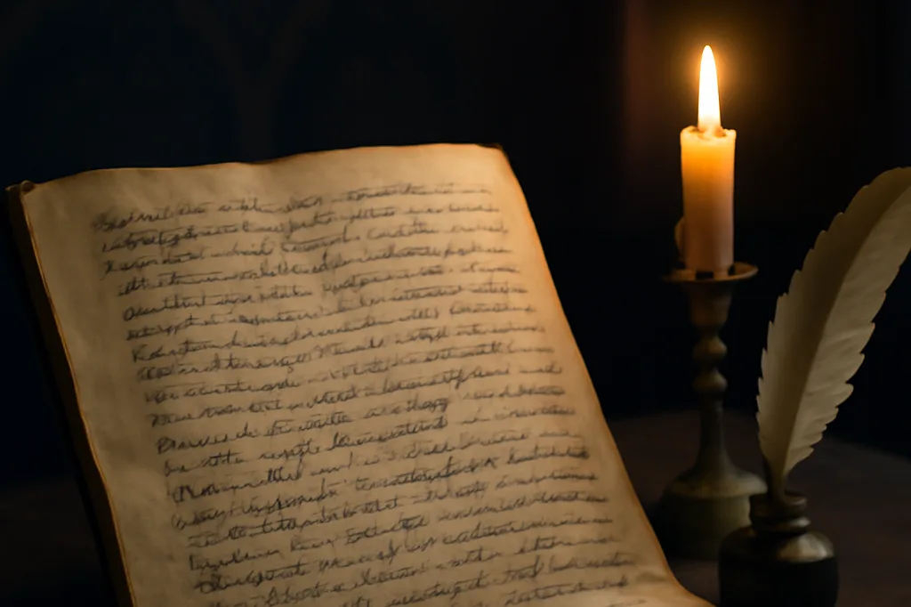 Manuscrit ancien ouvert avec texte manuscrit raturé, bougie allumée et plume d’oie posée sur un bureau