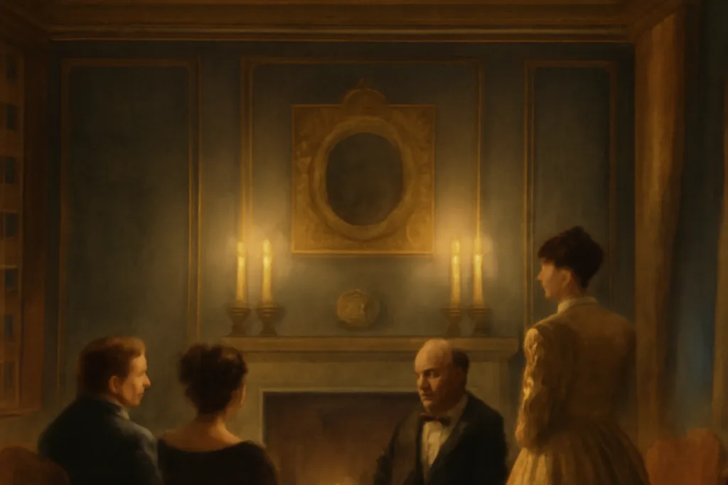 Salon aristocratique russe du début du XIXe siècle, quatre personnes en conversation près d’une cheminée éclairée à la bougie