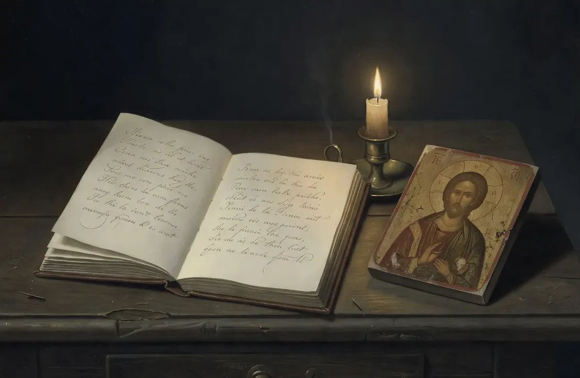 Cahier manuscrit ouvert avec vers annotés à l'encre, bougie et icône ancienne sur un bureau de bois sombre