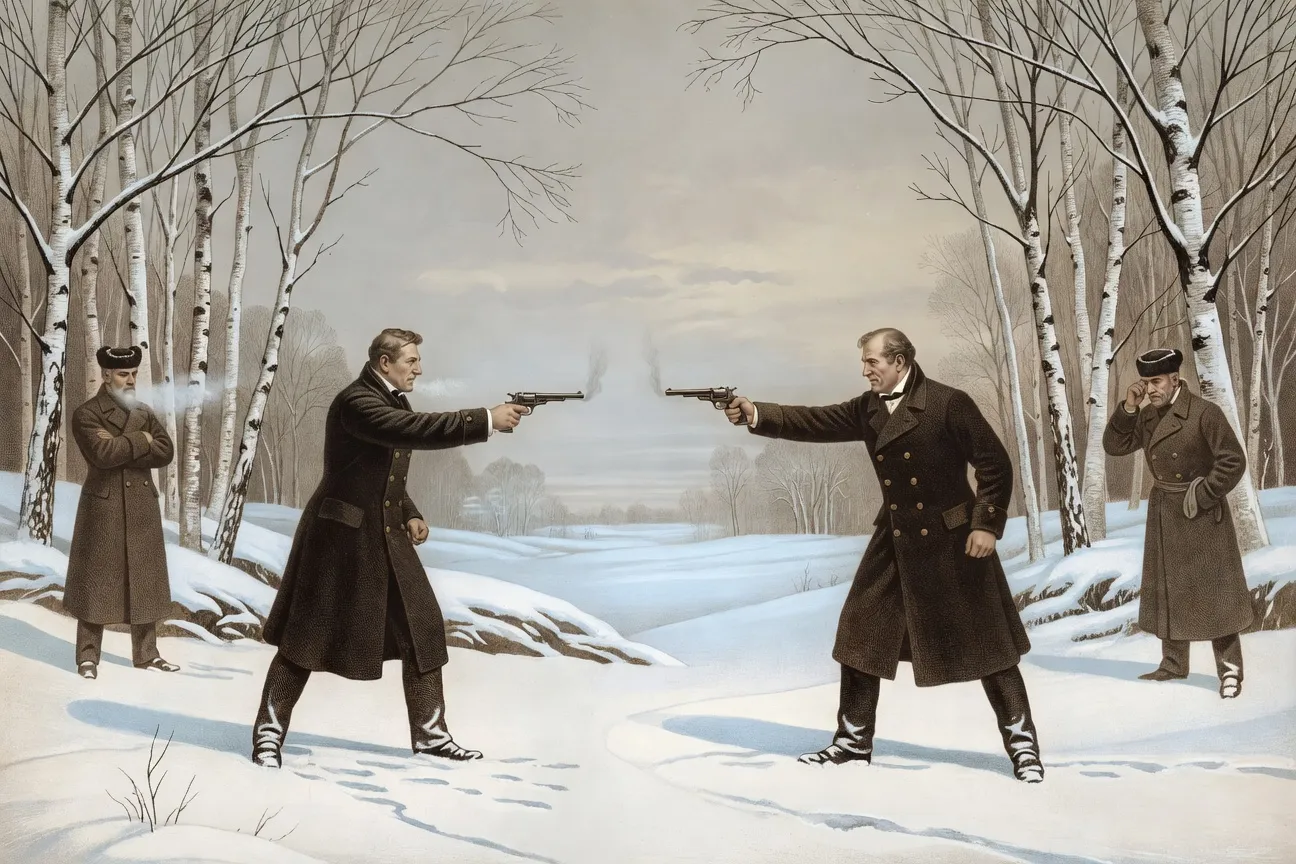 Gravure XIXe stylisée du duel de Pouchkine et d'Anthès dans la neige