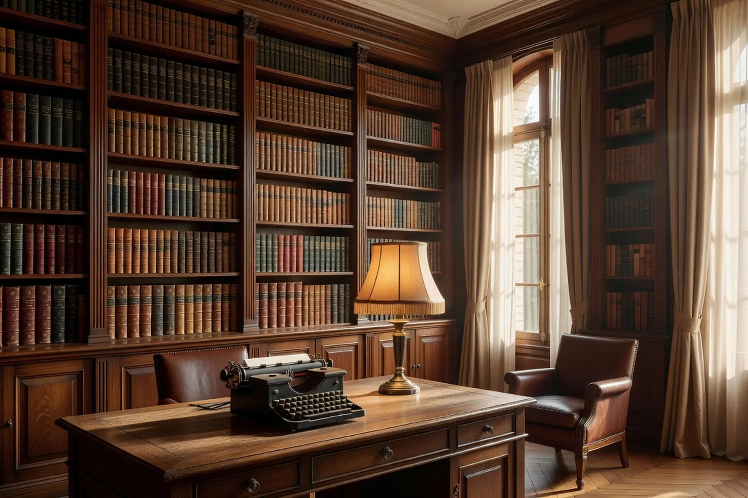Bureau de maison d'édition française avec rangées de livres classiques reliés en cuir, lampe de lecture ancienne