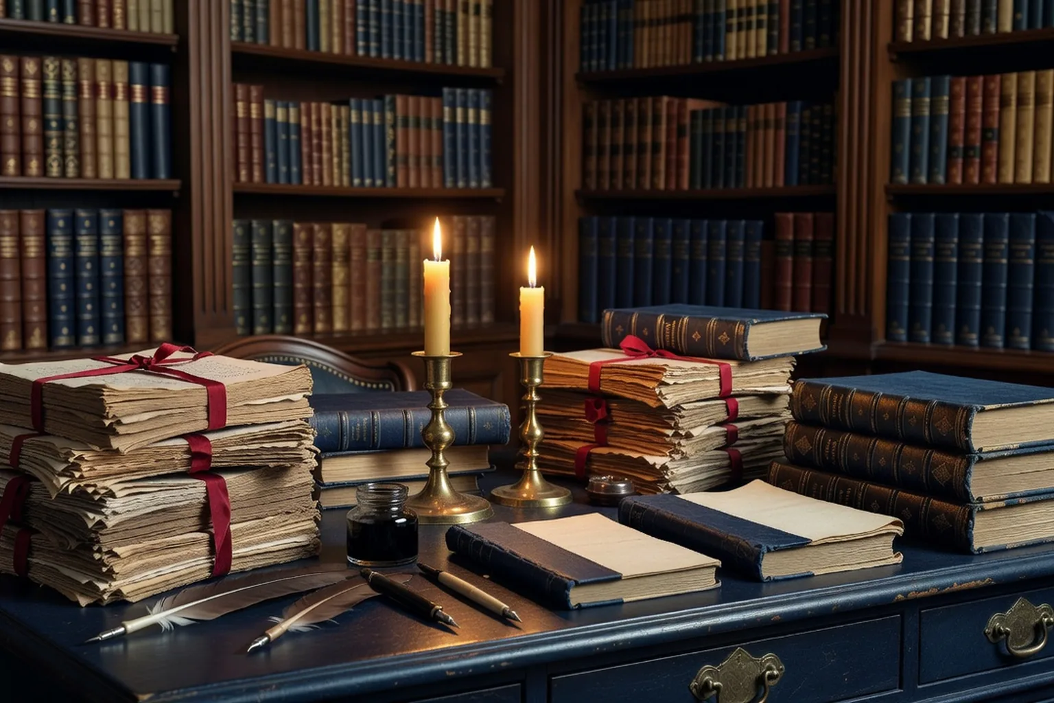 Bureau de rédaction du XIXe siècle : piles de manuscrits liés de ruban rouge, chandelles, plumes et couvertures de revues sur un bureau de bois sombre