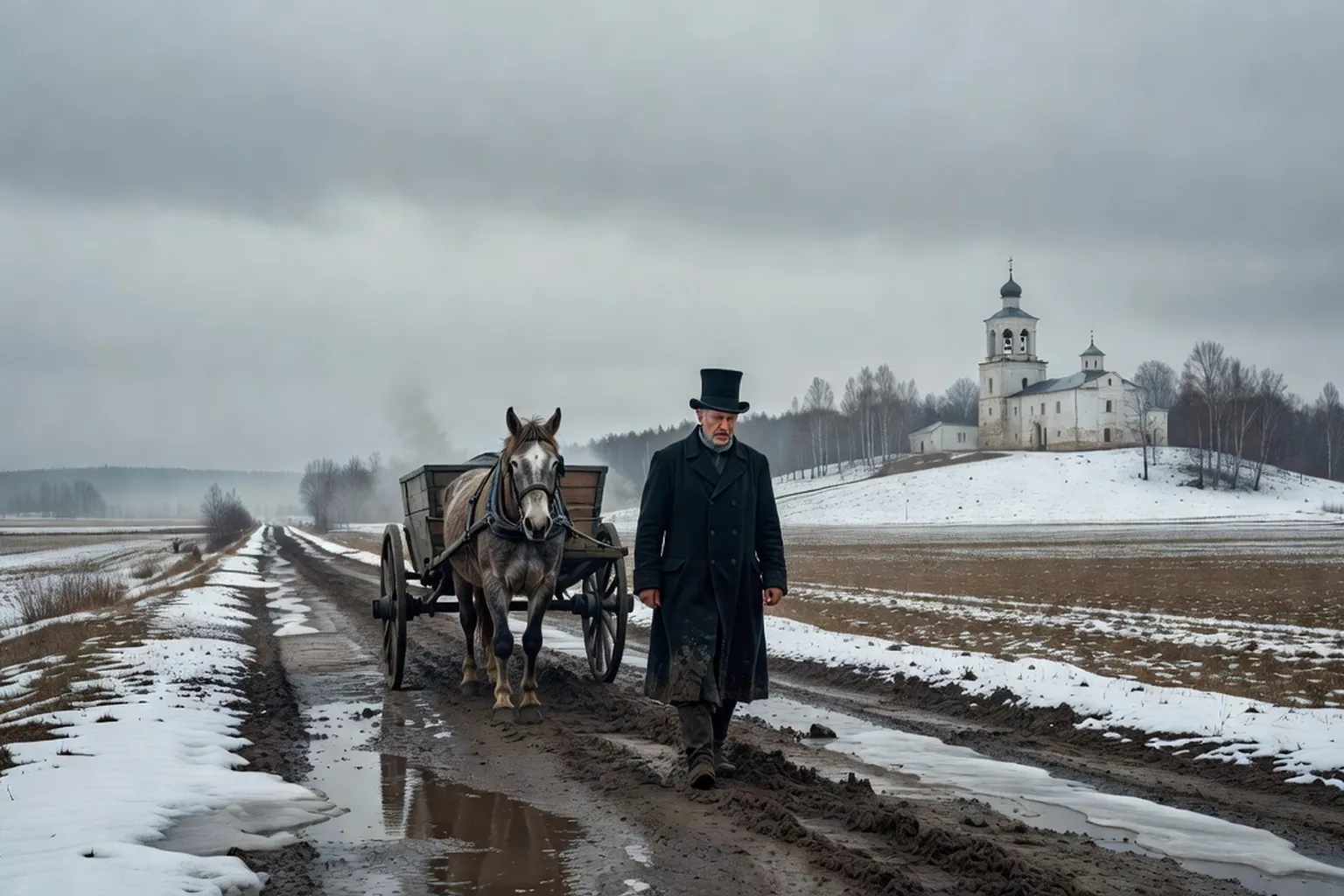 Un homme en manteau sombre et haut-de-forme marche derrière une voiture à cheval sur un chemin boueux, au printemps, vers un monastère blanc sur une colline