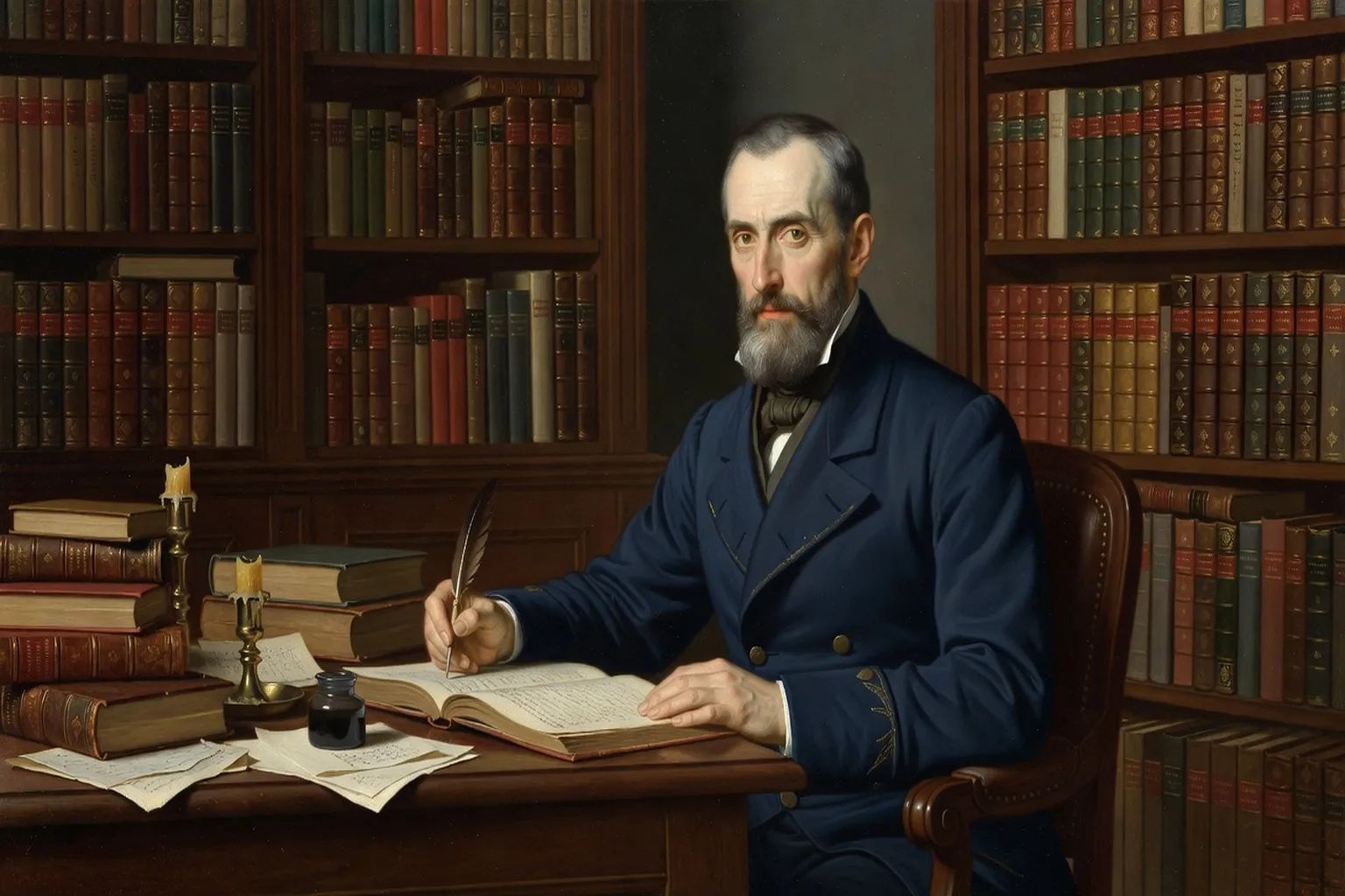 Portrait peint d'un écrivain russe du XIXe siècle en redingote sombre, assis à un bureau d'étude, bibliothèque de livres reliés en fond, lumière tamisée façon peinture académique russe, ambiance bibliothèque impériale