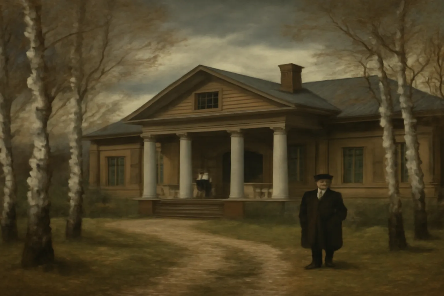 Scène de campagne russe XIXe : manoir de gentilhomme (usadba) en bois blanc avec colonnes, allée de bouleaux, ciel nuageux, atmosphère mélancolique de la Russie rurale, peinture réaliste