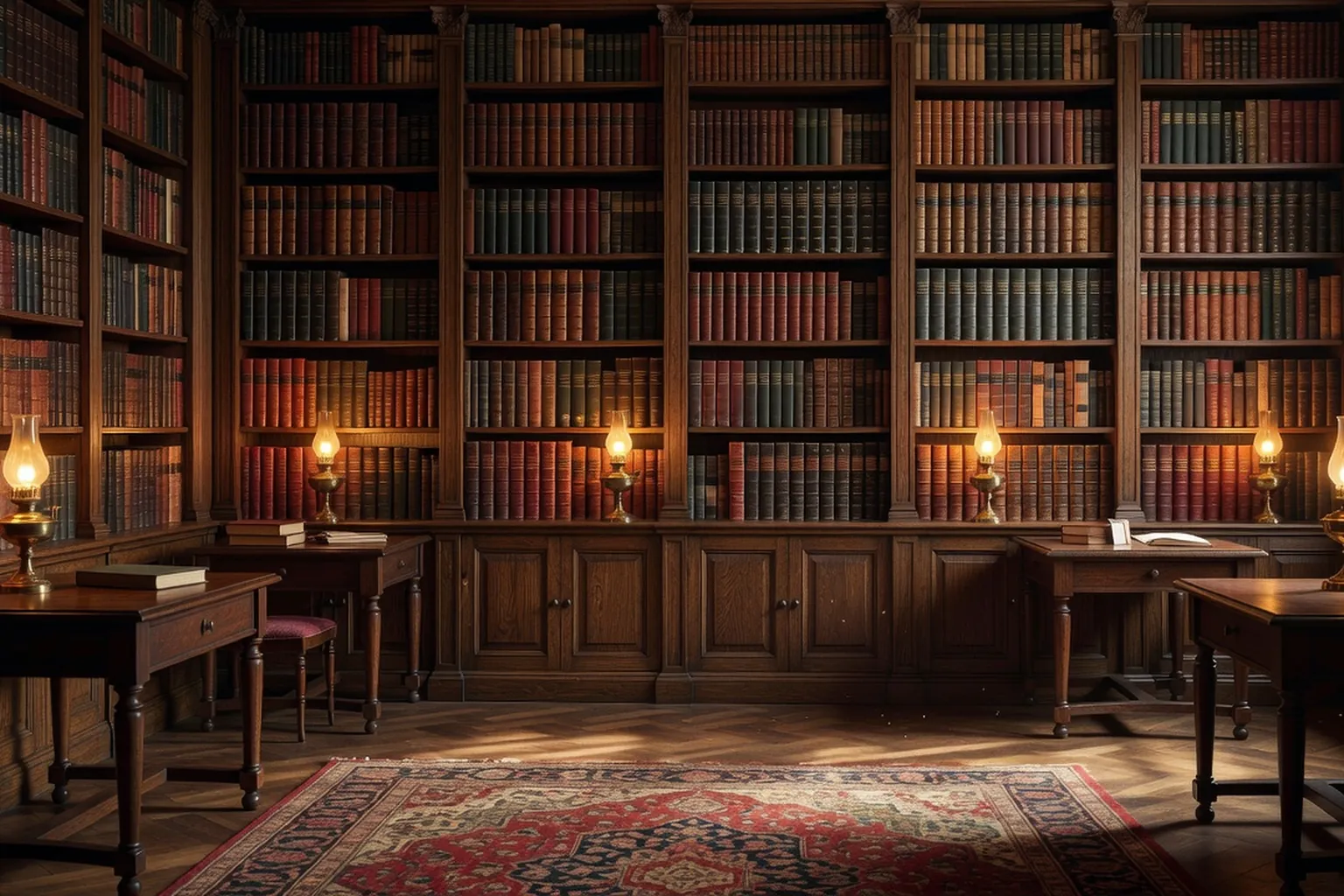 Salle de lecture reconstituée d'une bibliothèque russe du XIXe siècle, hautes étagères en bois remplies de livres reliés en cyrillique